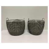 (2) Gray Woven Baskets with Metal Frames and Handles