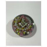 Masonic Glass Paperweight with Multicolored Interior Inclusions