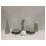 Holiday Decor Set with Cones, Candlestick, Plates, and Ornament