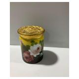 Vintage Hand Painted Milk Glass Humidor with Ornate Gold Tone Lid