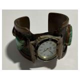Native American Style Copper Cuff Wrist Watch with Turquoise and Inlay Stones
