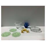 9-Piece Vintage Glassware Group Including Green Plates and Blue Pitcher