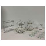Metal Storage Rack, Tiered Baskets, and Glass Candle Holders