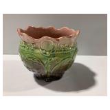 Ceramic Jardiniere Planter with Scalloped Rim and Raised Floral Motifs