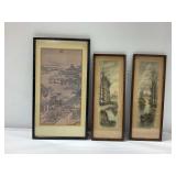 Asian Theme "8th Month" Print and Pair of Vintage Landscape Prints