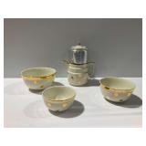 Vintage Hall Superior Quality Kitchenware Ceramic Coffee Pot and (3) Bowls
