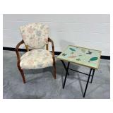 Upholstered Wooden Armchair and Biltmore Folding Tray Table