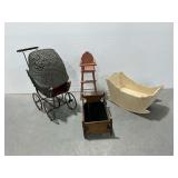 Vintage Doll Furniture: Wicker Carriage, Wooden High Chair, Wooden Rocking Cradle, and Wooden Bed