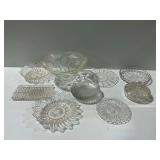 Clear Glass Tableware Lot with Bowls, Trays, and Plates