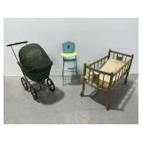 Doll Furniture: Wicker Carriage, Metal Highchair, and Wooden Crib