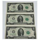 (3) Consecutive Series 2017A Two Dollar Federal Reserve Notes