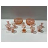 Pink Depression Glass Tableware Including Miss America Pattern Serving Bowls and Sherbets