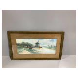 Framed Watercolor Painting by N. E. Thompson Depicting Windmills