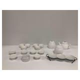 White Ceramic Servingware and Tabletop Group with Metal Stand