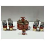 Funnelet Filler Gasoline Can, (6) Lubricant Cans, and Wynn