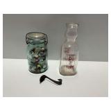 Mason Jar with Buttons, Milk Bottle, and Cream Top Spoon