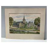 Watercolor Painting of European Church Signed Kapper
