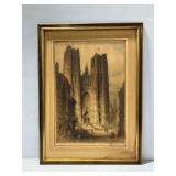 Framed Etching by James Alphege Brewer "The Cathedral of St. Gudule, Brussels"