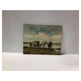 Oil Painting on Canvas Depicting Horses and Cart