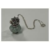 Sterling Silver Green Jade and Pink Tourmaline 1.25 in. Flower Vase Pendant on 16 in. Necklace