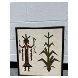 Framed Native American Sand Painting Print Depicting Kachina and Corn Stalk