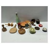 Country Store Advertising and Household Items... Spice Tins, Coca-Cola Bottle, Wooden Bowl, Tobacco Pouches, and More