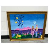 Framed Acrylic Painting on Canvas Couple Under Moon by Jayne, 1982