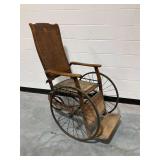 Antique Wooden Wheelchair with Metal Spoke Wheels and Mechanical Recline Mechanism