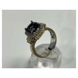 Sterling Silver Deep Purple Amethyst and Multi CZ Gemstone Ring with Gold Accents, Size 9