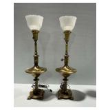 Pair of Brass Table Lamps with Frosted Glass Shades...work