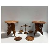 Carved Wooden Decor Including Tables and Scale