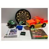 Various Toys Including Radio Controlled Truck and Dartboard