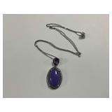 Sterling Silver Cabochon Lavender Jade and Amethyst Gem 1.5 in. Pendant on 18 in. Necklace