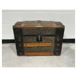 Domed Wooden Trunk with Embossed Metal Trim and Interior Tray