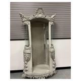 Ornate Carved Wood Display Cabinet with Curved Glass Panels...missing door and shelves