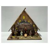 Wooden Nativity Creche with Figures and Backdrop