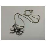 Sterling Silver 1.5 x 2 in. Octopus Pendant with Green CZ Eyes on 24 in. Sterling Italian Braid Necklace