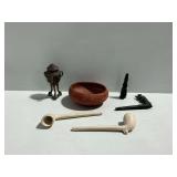 Metal Incense Burner, Long Stemmed Pipes, Ceramic Bowl, and Other Objects
