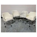 Set of (4) White Upholstered Adjustable Rolling Armchairs with Chrome-Finished Bases