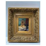 Oil Painting of Long-Haired Dog in Wide Ornate Gilt Frame