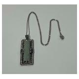Sterling Silver Green Jade Multi Baguette and Round CZ Gem 1.875 in. Pendant on 18 in. Necklace