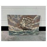 Framed Sailing Ship Maritime Painting on Wooden Panel