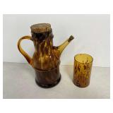 Mid/Late 1800s Handmade Amber Tortoise Glass Bedside Water Pitcher and Tumbler