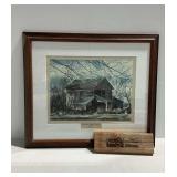 C. Rose Print "The Beckman Mill 1925" Signed and Numbered Framed Print with Wooden Siding Relic