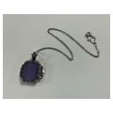Sterling Silver Lavender Jade Multi Amethyst and Baguette CZ Gem 1.375 in. Pendant on 18 in. Necklace