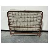 Metal Folding Bed with Blue and White Ticking Mattress