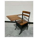 Vintage School Desk with Wooden Seat and Black Metal Frame