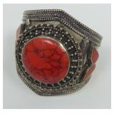 Ornate Tibetan Silver Cuff Bracelet with Red Stones