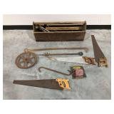 Wooden Toolbox with Hand Tools and Hardware