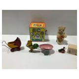 Assorted Vintage Toys Including Mattel Jack-in-the-Box and Wooden Rolling Toy